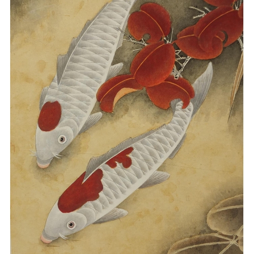 587 - Japanese watercolour, Koi amongst lily pads and reeds, with script and red seal marks, mounted and f... 