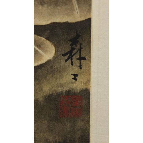 587 - Japanese watercolour, Koi amongst lily pads and reeds, with script and red seal marks, mounted and f... 