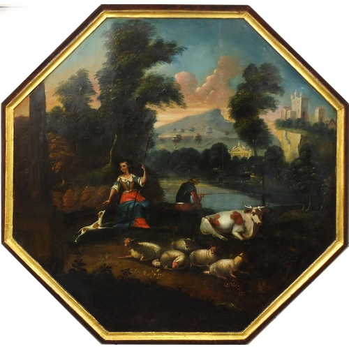 1126 - Flemish school 18th century oil onto octagonal wood panel, figures before a lake, framed, 77cm x 74c... 
