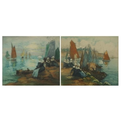 1265 - Maurice Pellerier - Pair of pencil signed coloured prints, harbour scenes, both mounted and framed, ... 