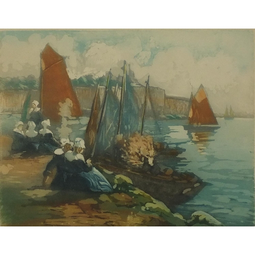 1265 - Maurice Pellerier - Pair of pencil signed coloured prints, harbour scenes, both mounted and framed, ... 