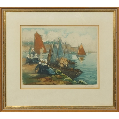 1265 - Maurice Pellerier - Pair of pencil signed coloured prints, harbour scenes, both mounted and framed, ... 