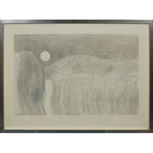 1323 - Liam Hanley 1967 - Ink line drawing, abstract composition, sunset, framed, 74cm x 53cm excluding the... 