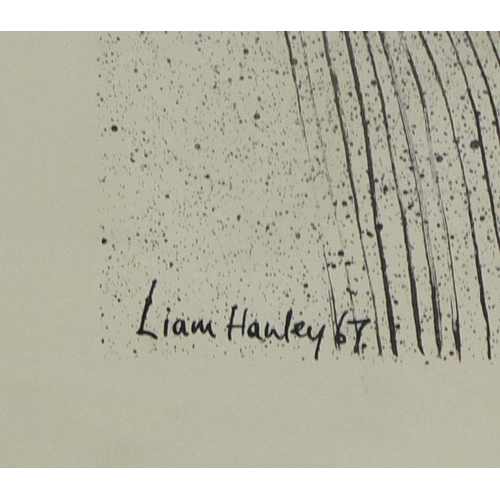 1323 - Liam Hanley 1967 - Ink line drawing, abstract composition, sunset, framed, 74cm x 53cm excluding the... 