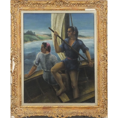 1191 - Antoine Serneeos - oil onto canvas, two figures in a boat, galerie de la toison d'or label verso, mo... 