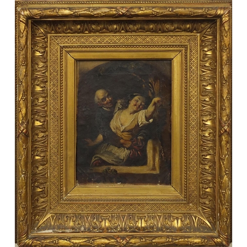 1168 - Oil onto canvas, two figures, bearing an indistinct signature Anken? inscribed K Michaelis and paper... 