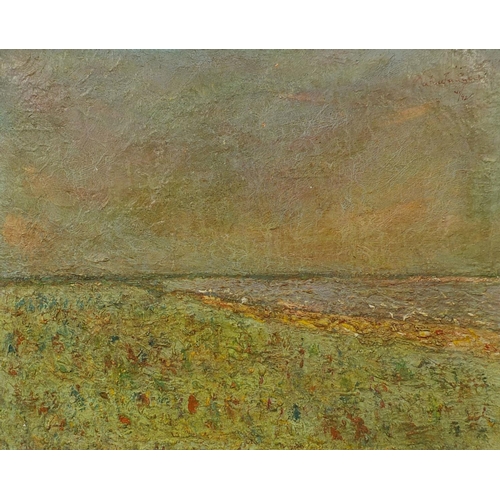 1286 - Impressionistic oil onto board, storm over the bay, bearing an indistinct signature to the upper rig... 