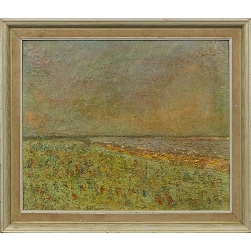 1286 - Impressionistic oil onto board, storm over the bay, bearing an indistinct signature to the upper rig... 