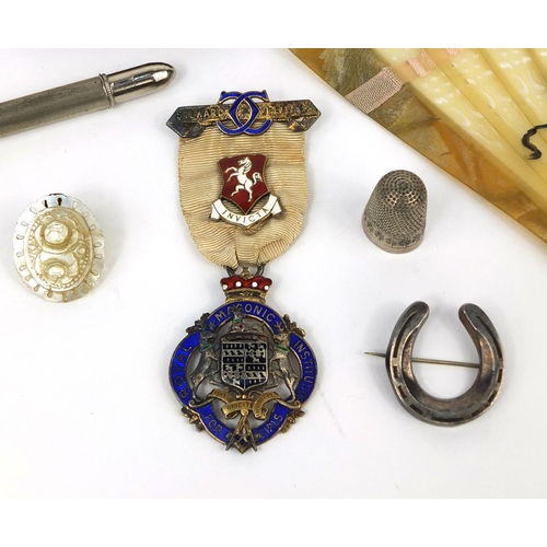 150 - Miscellaneous objects including case set of three 9ct gold studs, silver horseshoe brooch, silver an... 