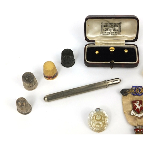 150 - Miscellaneous objects including case set of three 9ct gold studs, silver horseshoe brooch, silver an... 