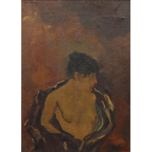 1307 - Oil onto canvas, semi nude female, bearing a signature Mata, label verso, gilt framed, 40cm x 29cm e... 