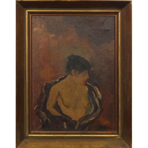 1307 - Oil onto canvas, semi nude female, bearing a signature Mata, label verso, gilt framed, 40cm x 29cm e... 