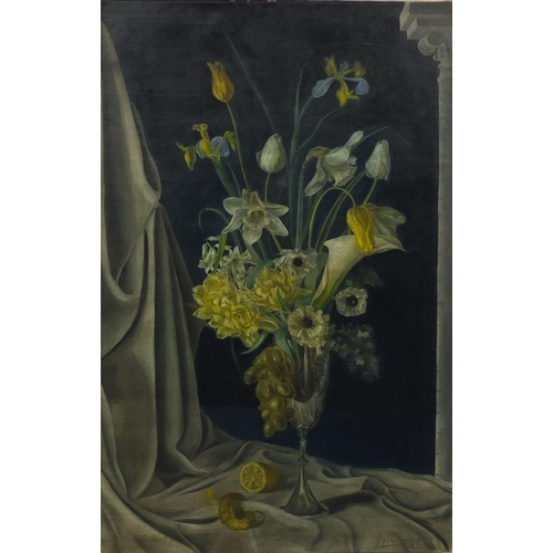 1296 - Peter Stebbing '39 - Unframed oil onto canvas, still life flowers in a vase, 100cm x 60cm