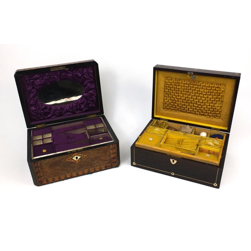 34 - Two Victorian sewing boxes comprising a rosewood example with Mother of Pearl inlay and fitted lift ... 