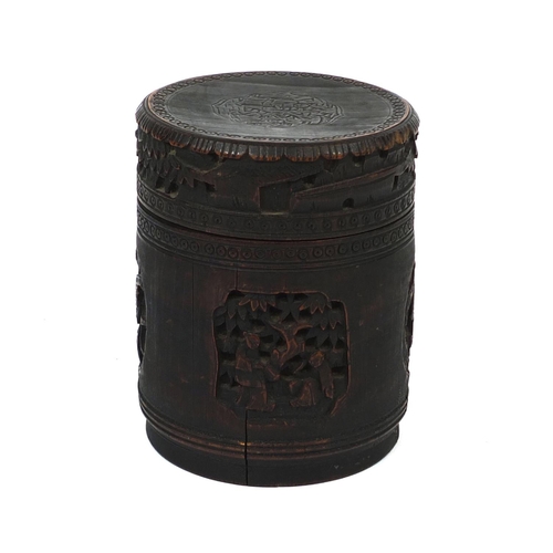 549 - Cylindrical Chinese bamboo pot and cover, carved with panels of figures and mythical creatures, 16.5... 