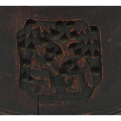 549 - Cylindrical Chinese bamboo pot and cover, carved with panels of figures and mythical creatures, 16.5... 