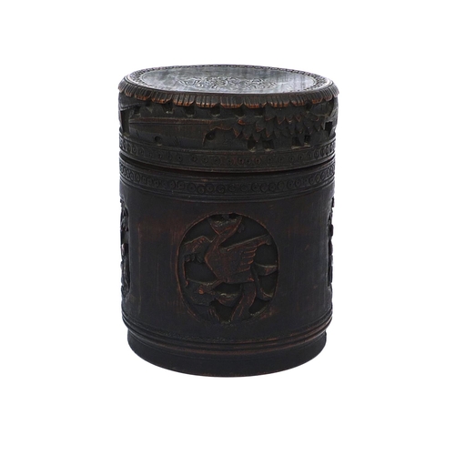 549 - Cylindrical Chinese bamboo pot and cover, carved with panels of figures and mythical creatures, 16.5... 