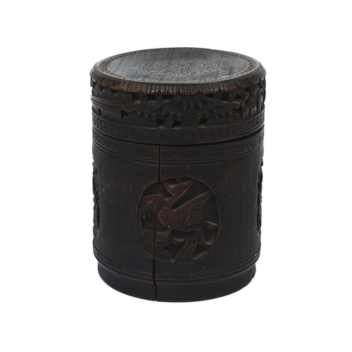 549 - Cylindrical Chinese bamboo pot and cover, carved with panels of figures and mythical creatures, 16.5... 