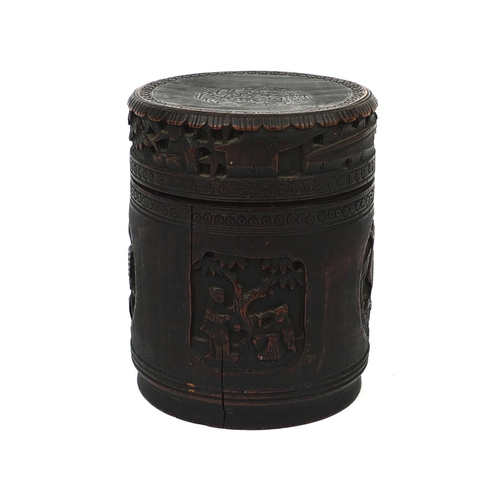 549 - Cylindrical Chinese bamboo pot and cover, carved with panels of figures and mythical creatures, 16.5... 