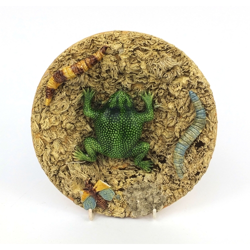 675 - Portuguese Palissy Majolica plate, relief moulded with a frog and insects, impressed factory marks t... 