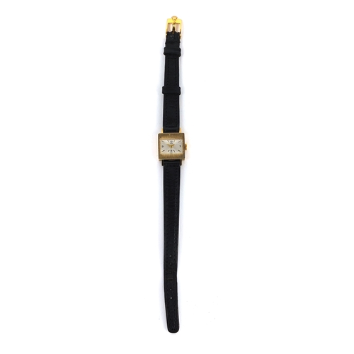 1071 - 9ct gold ladies Rolex Tudor wristwatch with black leather strap, boxed, the dial 1.5cm x 9mm, with s... 