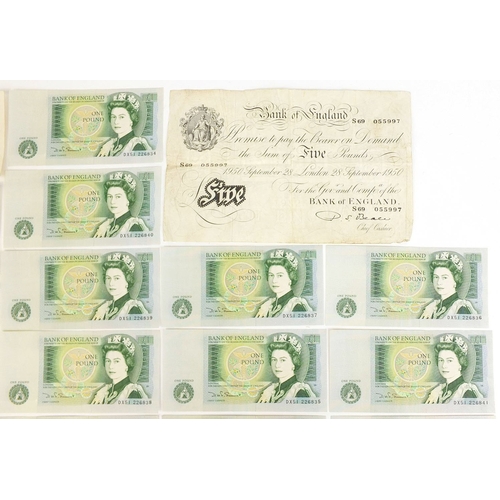 310 - Group of British bank notes, including a 1950 white five pound note serial number S69 055997, thirte... 