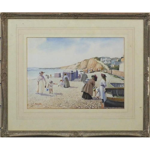 2252 - Newland school watercolour onto card, figures on a beach, bearing a signature A. W. Smith, mounted a... 