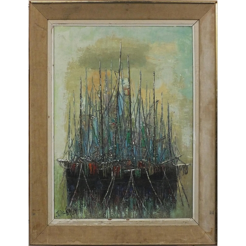 2248 - Oil onto canvas, abstract composition, ships, bearing an indistinct signature Kerger?, mounted and f... 