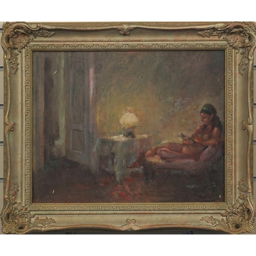 2490 - Impressionist oil onto board, nude female in a lamp less interior, ornately framed, 48cm x 39cm excl... 