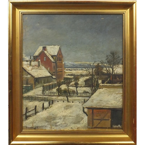 2312 - Russian school oil onto board, Russian farm buildings, bearing an indistinct signature to the lower ... 