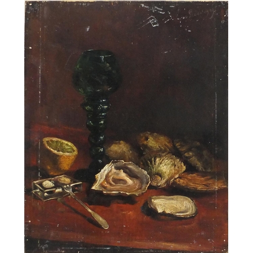 2247 - Continental oil onto wood panel, still life green wine glass and oysters, bearing a signature Giocai... 