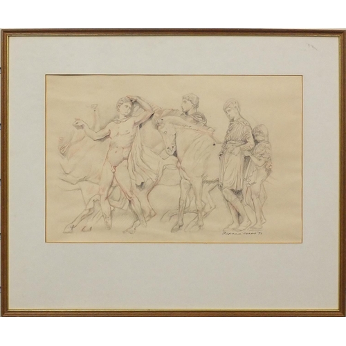 2314 - Stephanie Harris '84 - Pencil and crayon classical depiction poster verso, mounted and framed, 45cm ... 