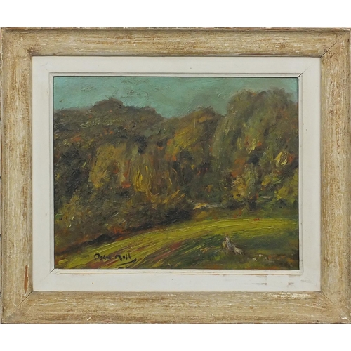 2305 - Oil onto board, figure walking a dog before woodland, bearing a signature Moll, inscribed verso, mou... 