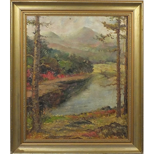 2281 - Oil onto board river landscape, bearing an indistinct signature Lang, inscribed verso, gilt framed, ... 