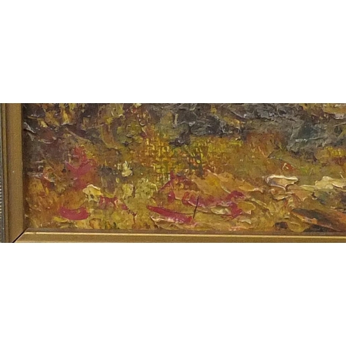 2281 - Oil onto board river landscape, bearing an indistinct signature Lang, inscribed verso, gilt framed, ... 