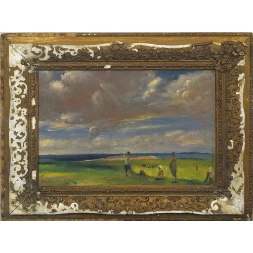 2406 - Impressionist oil onto board, figures playing golf, bearing an indistinct signature to the lower lef... 