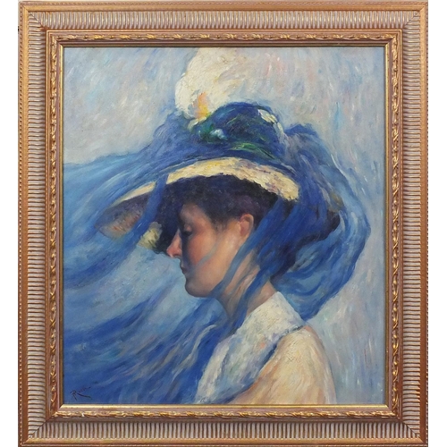 2403 - Italian impressionist oil onto board, lady wearing a bonnet, bearing a signature Rossi, inscribed ve... 