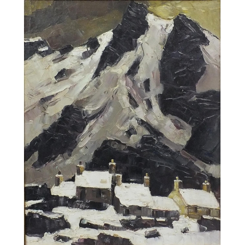 2228 - Welsh school oil onto canvas, houses before mountains, bearing a monogram, gilt framed, 49cm x 39cm ... 