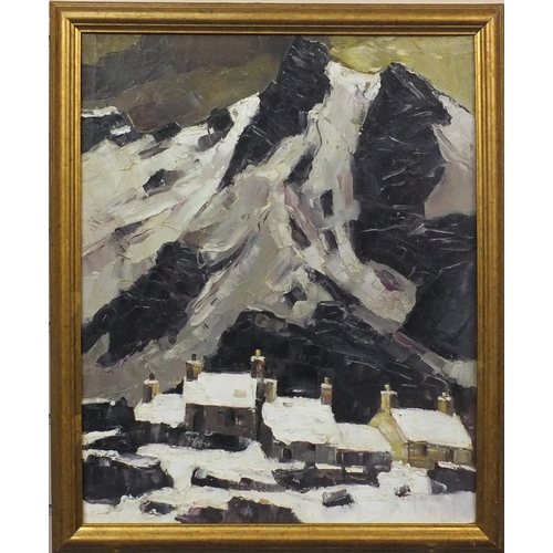 2228 - Welsh school oil onto canvas, houses before mountains, bearing a monogram, gilt framed, 49cm x 39cm ... 