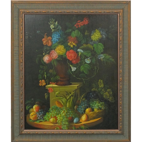 2148 - Dutch style oil onto board, still life flowers and fruit, bearing a signature Bailey, framed, 56cm x... 