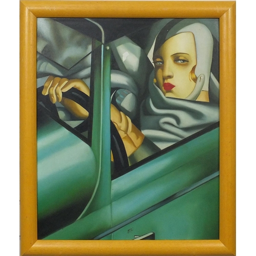 2408 - Russian school oil onto canvas board abstract composition, female driving, inscribed verso, framed, ... 