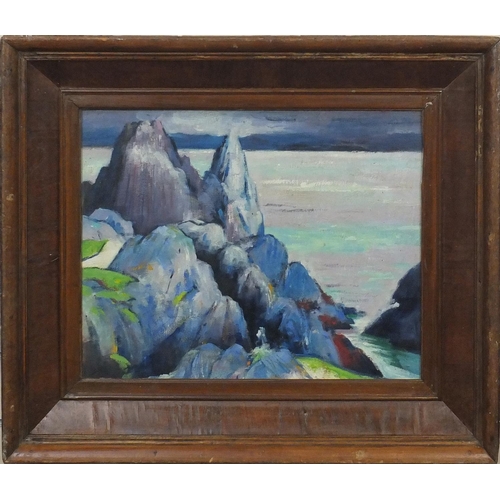 2102 - Scottish school oil onto board, coastal landscape, framed, 49cm x 38cm excluding the frame