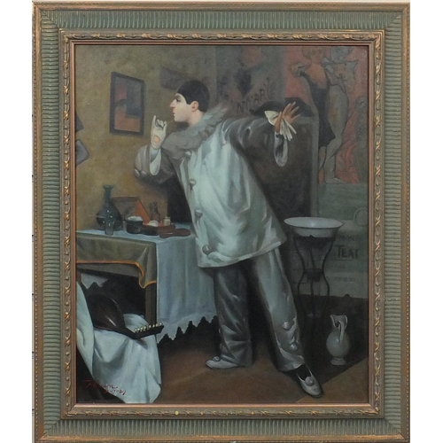 2190 - Oil onto board, clown looking into the mirror, bearing an indistinct signature to the lower left, in... 