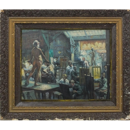 2100 - Modern British oil onto board, Art school, bearing a signature Dobson, inscribed verso, mounted and ... 