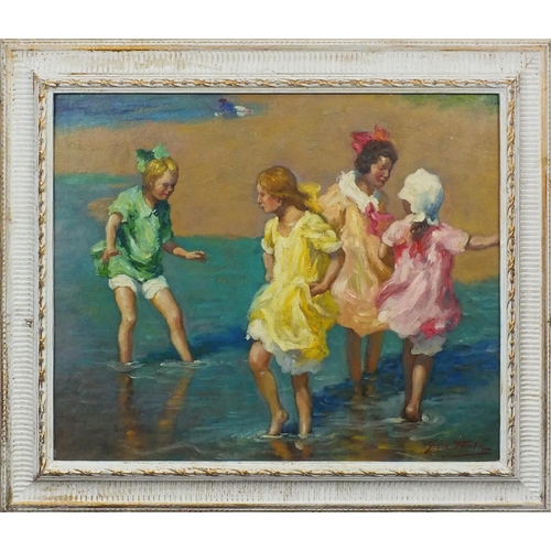 2249 - French impressionist oil onto board, children in the sea, bearing an indistinct signature to the low... 