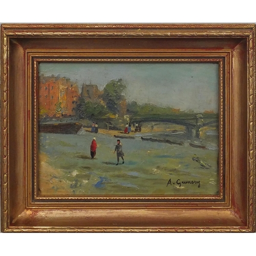 2382 - French impressionist oil onto canvas, figures beside water, bearing a signature A Gurnery, framed 19... 