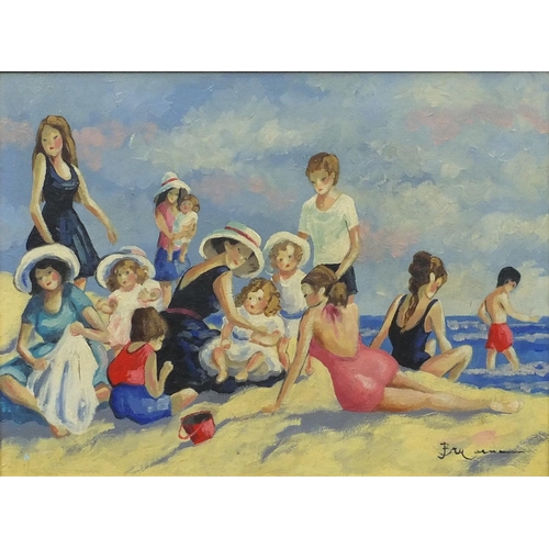 2214 - American school oil onto board, children at the beach, titled verso, gilt framed, 39cm x 29cm exclud... 