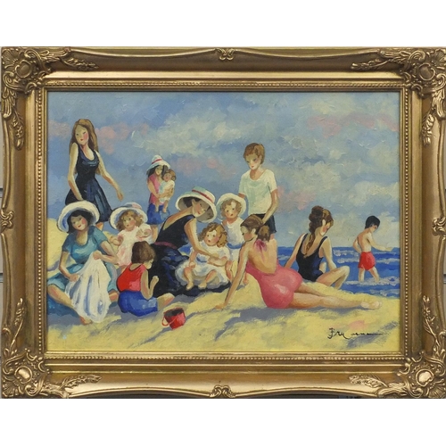 2214 - American school oil onto board, children at the beach, titled verso, gilt framed, 39cm x 29cm exclud... 