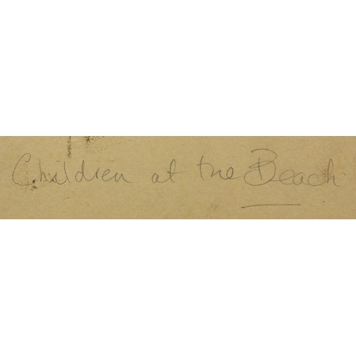 2214 - American school oil onto board, children at the beach, titled verso, gilt framed, 39cm x 29cm exclud... 