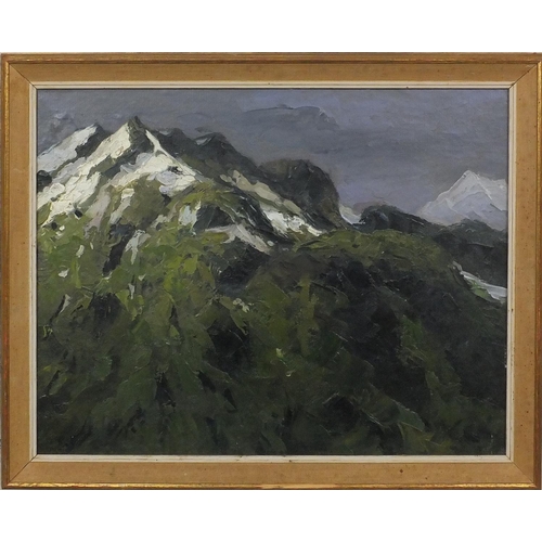 2377 - Welsh school oil onto board, mountain landscape, framed, 49cm x 40cm excluding the frame